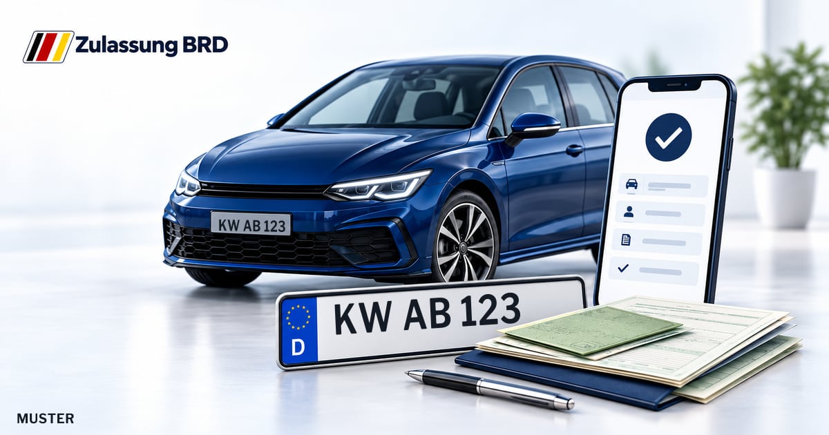 Online Fahrzeugzulassung in Lübben: Musterkennzeichen KW AB 123, Auto und Fahrzeugpapiere und Smartphone. Illustration mit Logo von Zulassung BRD.